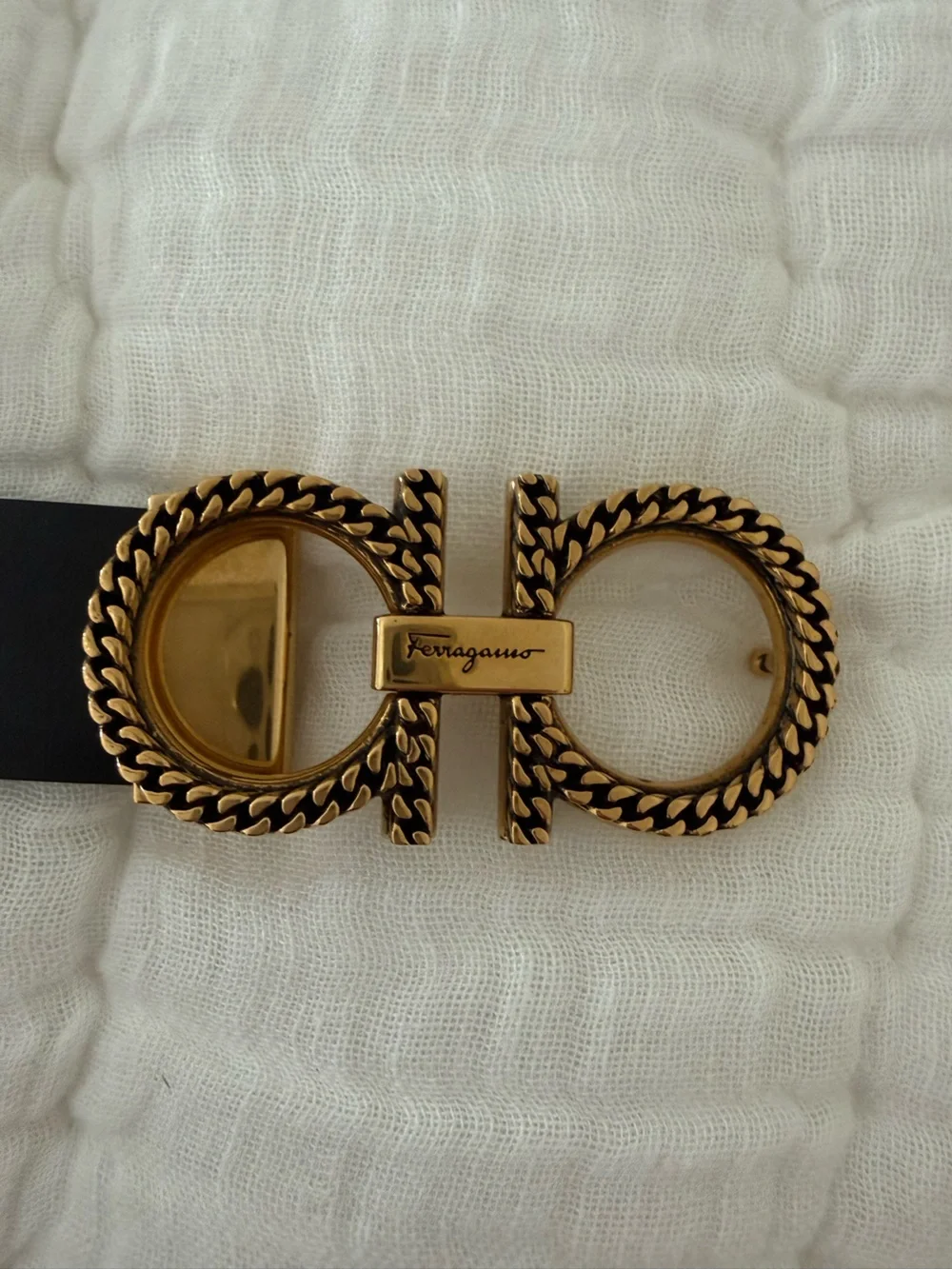 Salvatore Ferragamo Black Leather Belt with Gold Braided Double Gancini Buckle